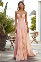 Rosa A-Linie Plissee Langes Hochzeitsgastkleid
